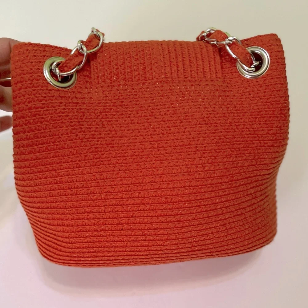 Kim Rogers Orange Woven Paper Straw Shoulder Bag Crossbody Silver Chain Straps